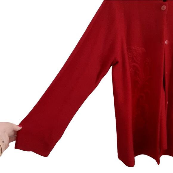 Vintage 100% Wool Red Cardigan Sweater Button Front Ornate Embroidery Holiday XL - Picture 7 of 14